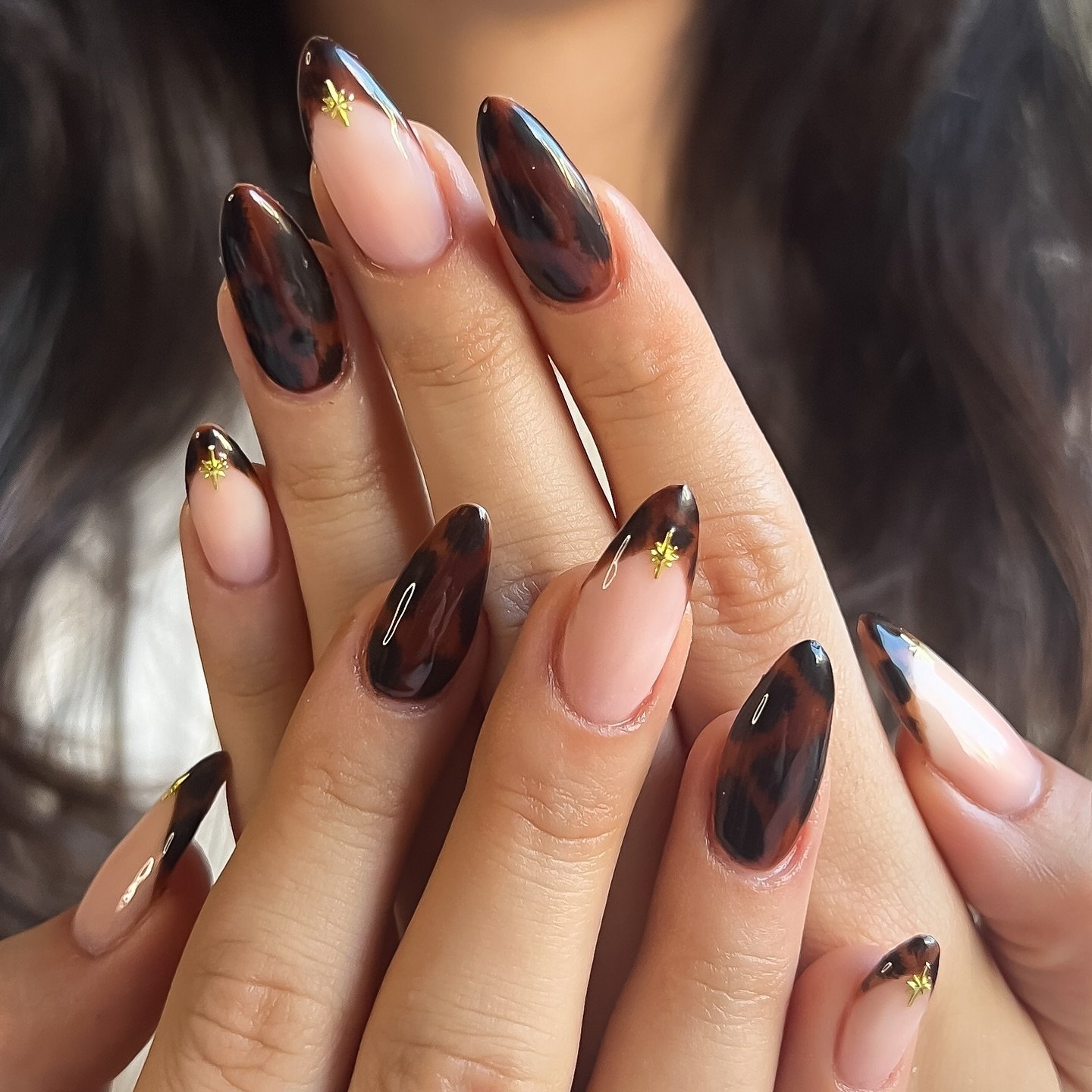Nude and Chocolate Brown Almond Nails