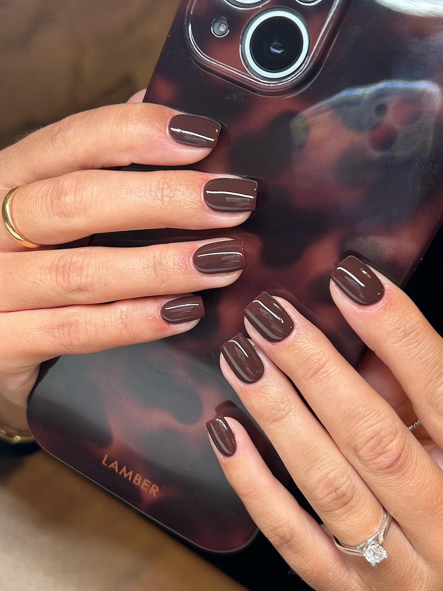 Glossy Chocolate Brown Rounded-Square Nails