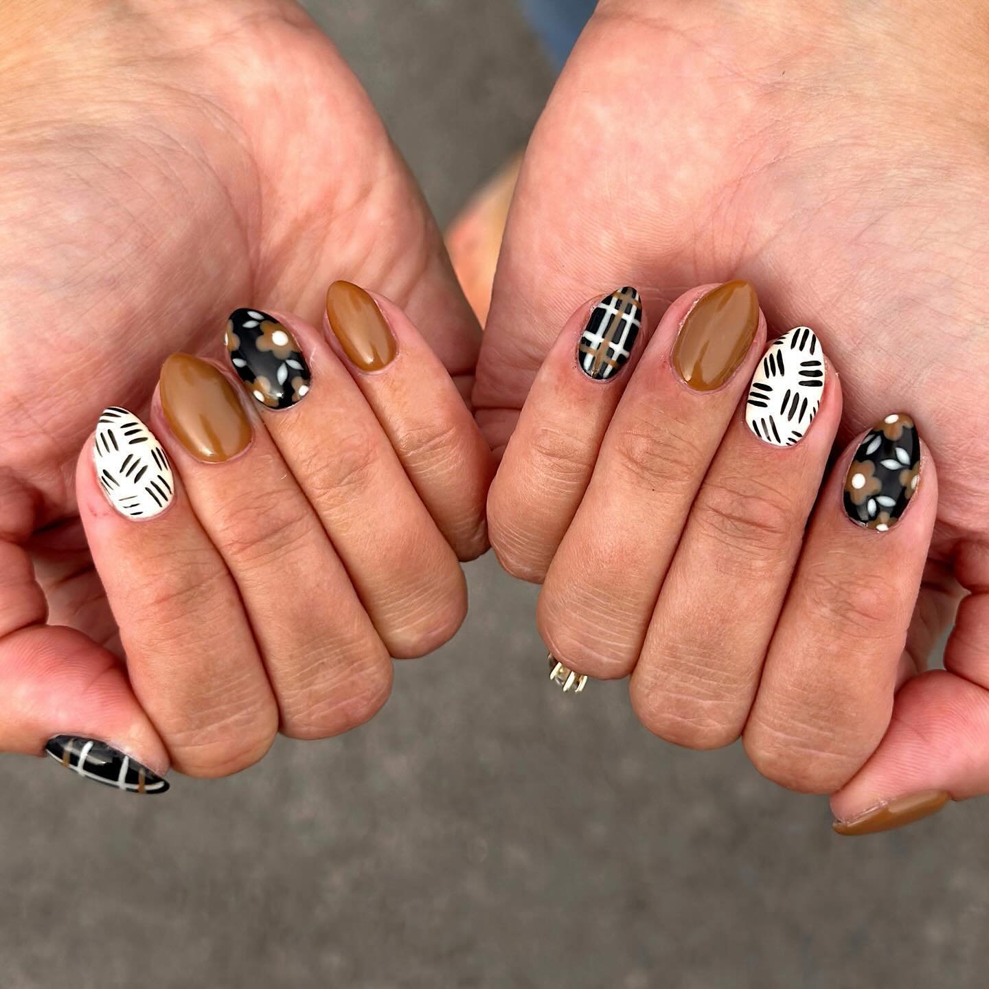 Brown and Gold Nails with Graphic Accents
