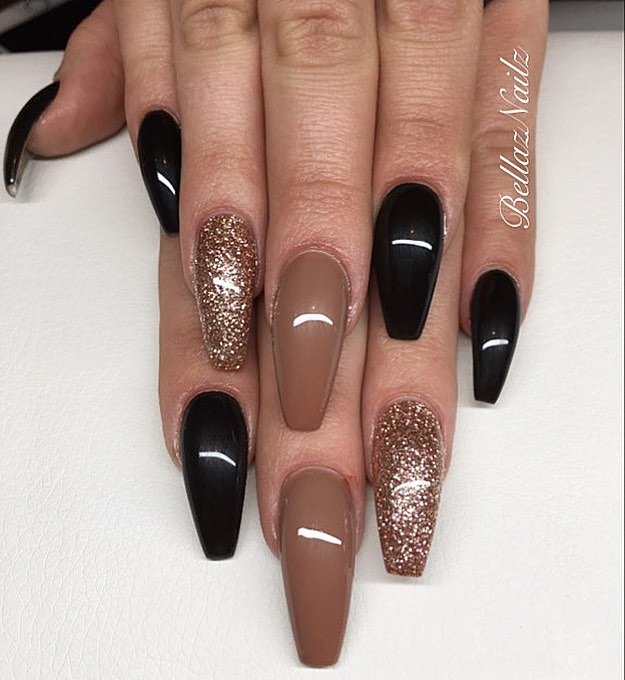 Black, Nude-Brown, and Glitter Stiletto Nails