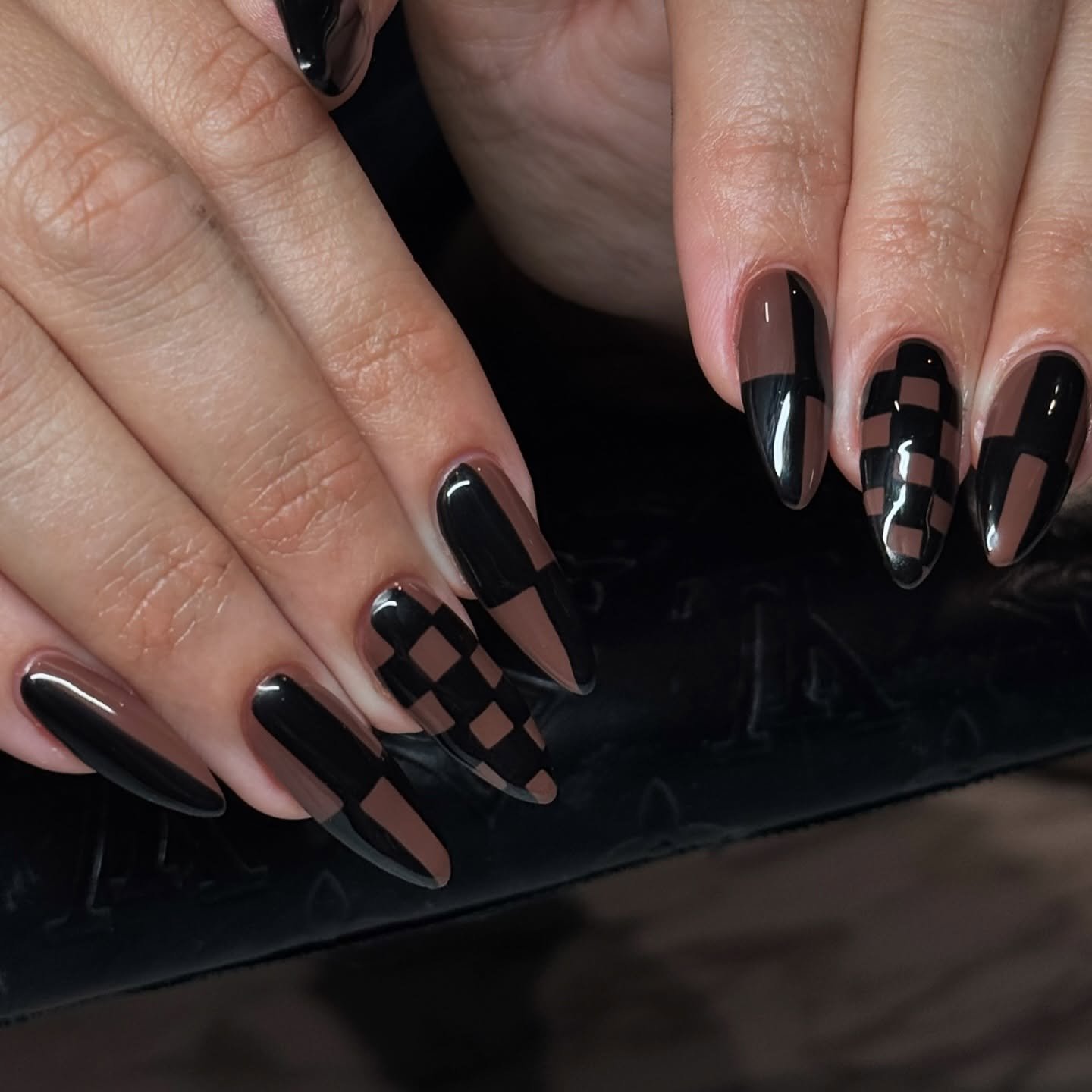 Black and Brown Checkerboard Pointed Nails