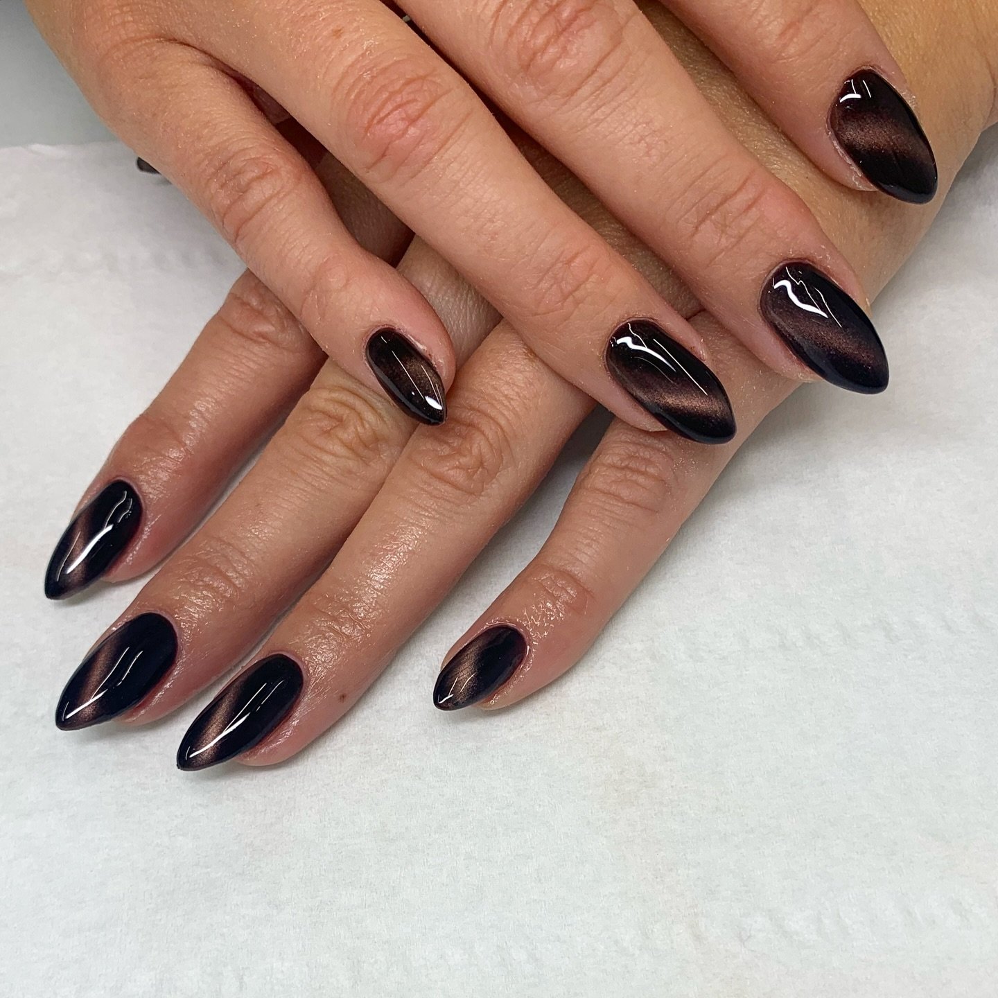 Glossy Dark Brown Almond Nails