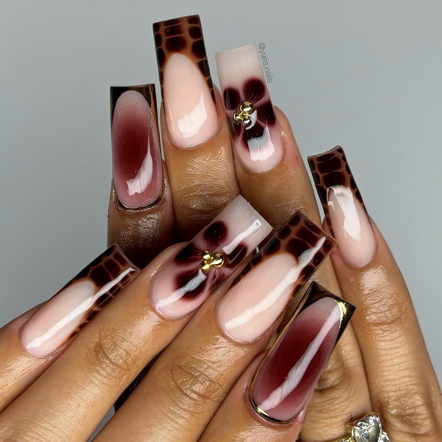 Brown, Nude, and Tortoiseshell Square Nails