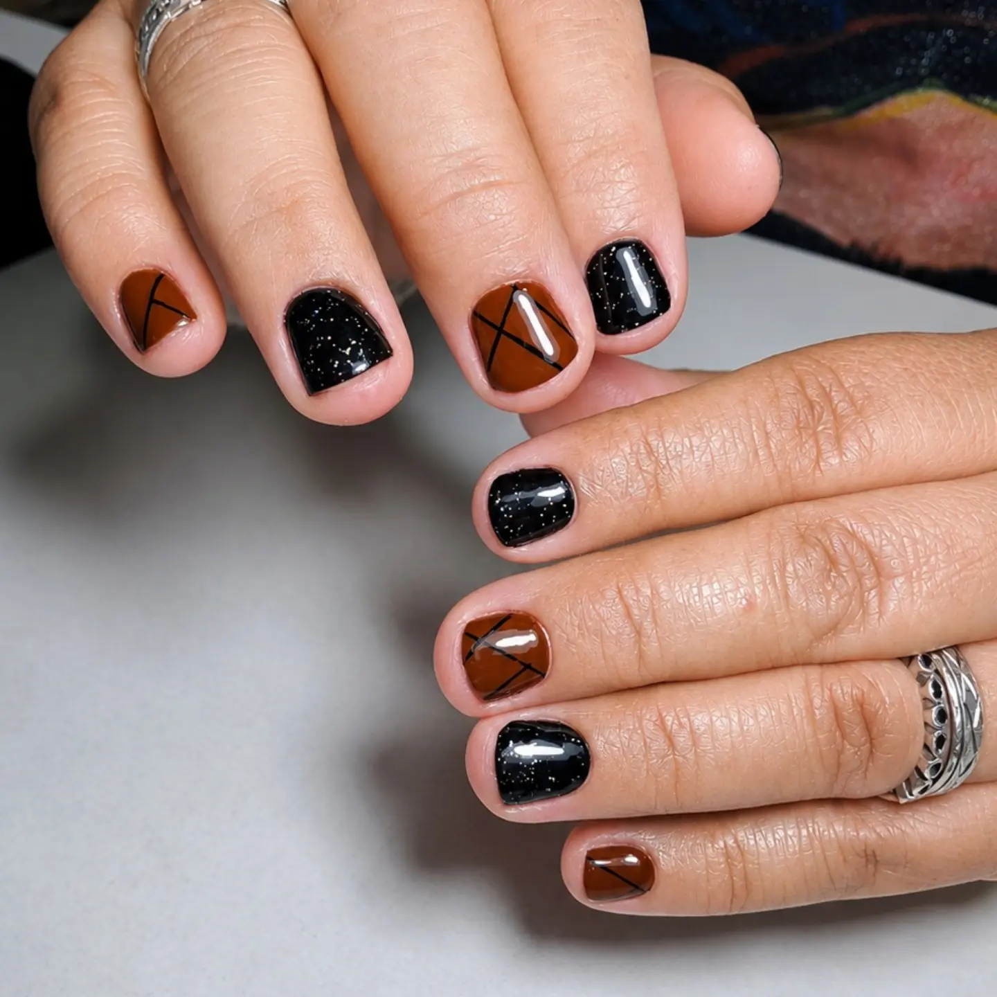 Black and Brown Short Geometric Nails
