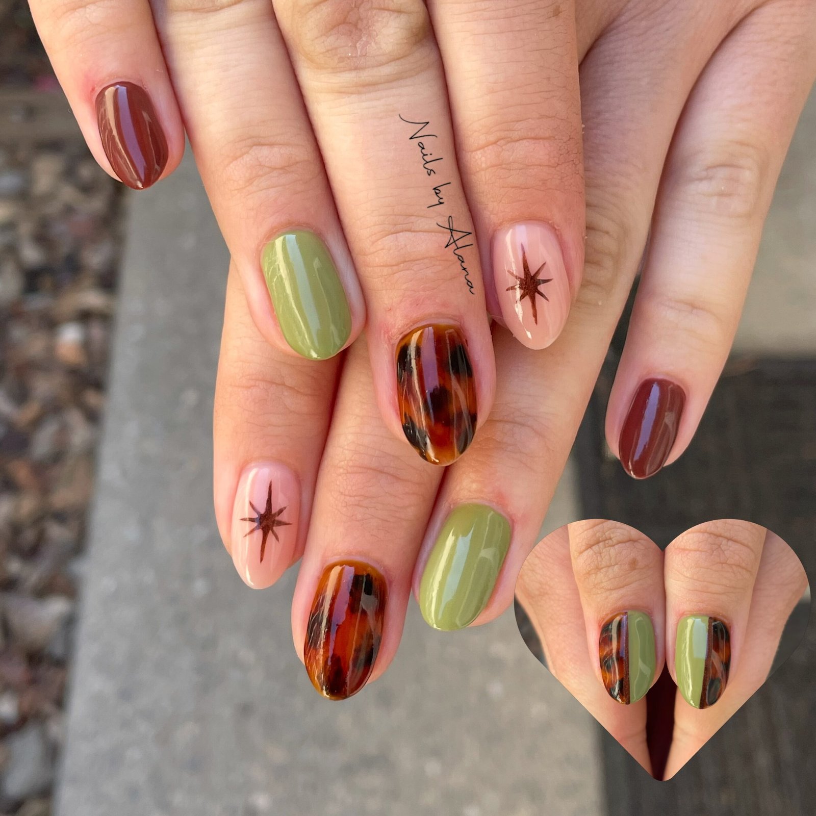 Brown and Olive Green Mixed Fall Nails