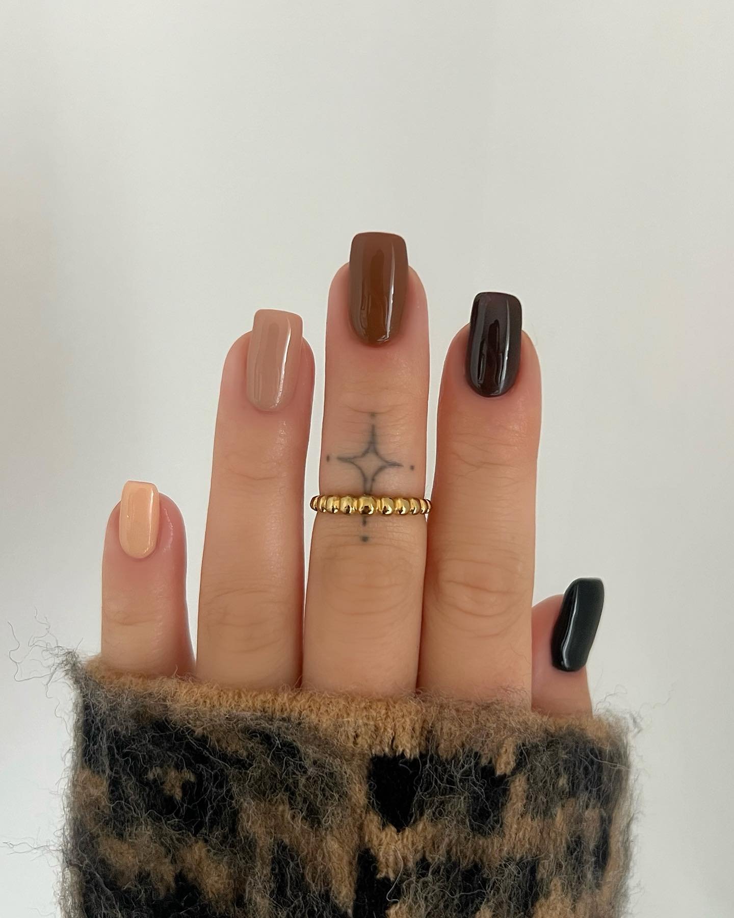 Deep Brown Square Nails with Nude and Gold Details