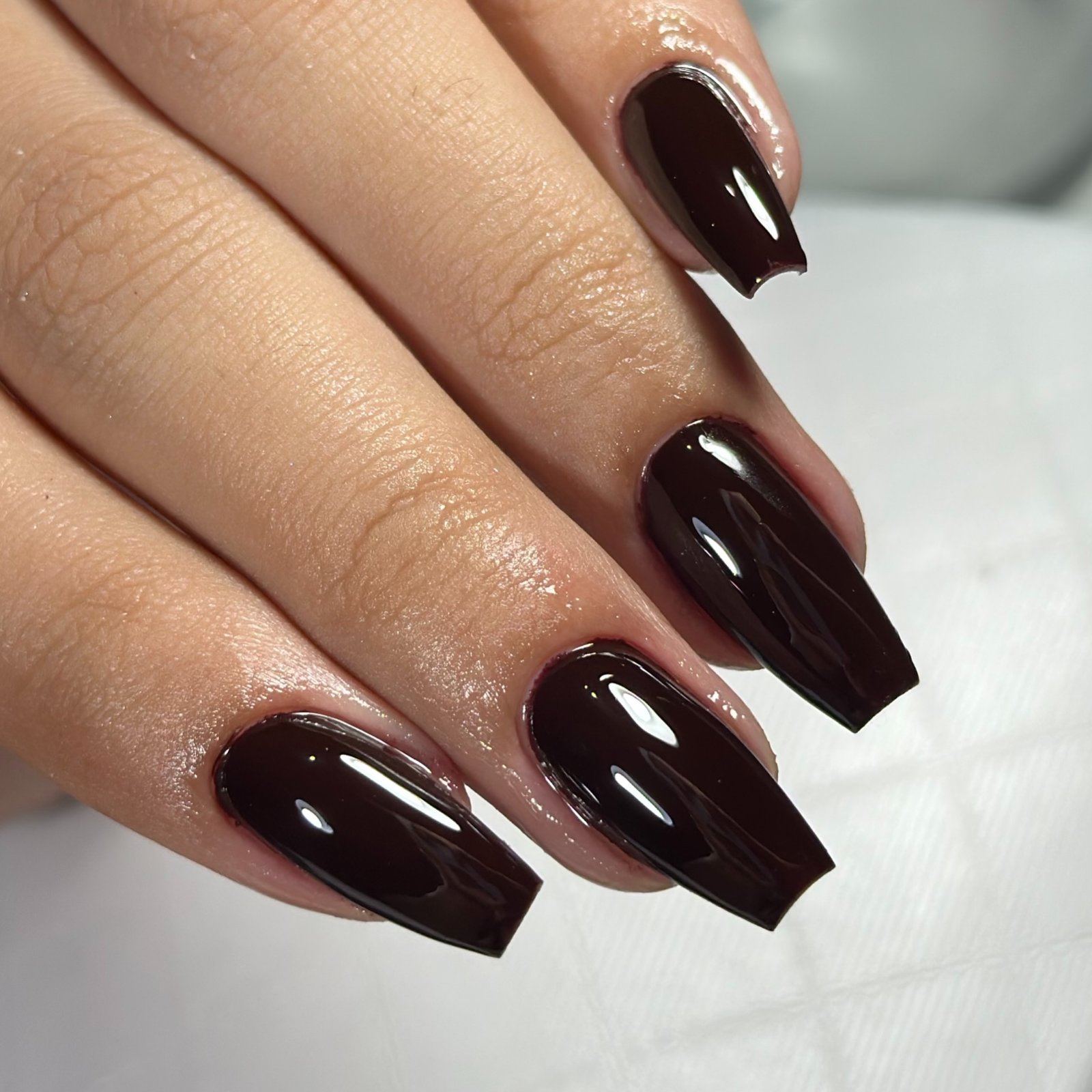 Deep Brown, Nude, and Black Glossy Nails