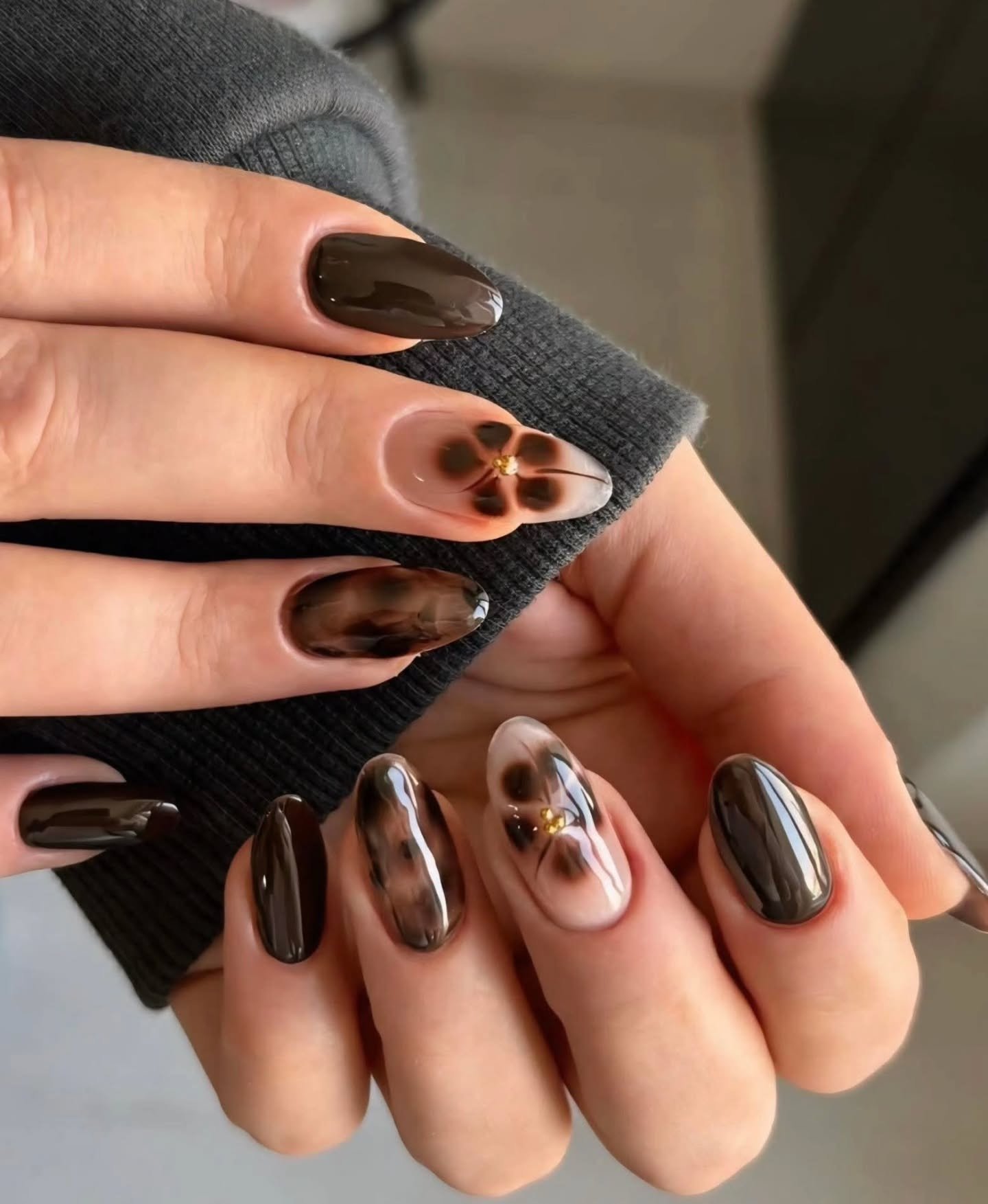 Deep Brown Stiletto Nails with Black Accents