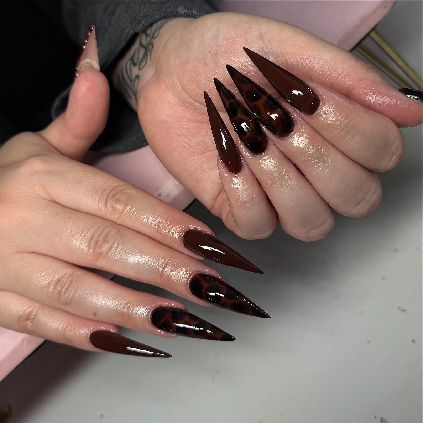 Deep Brown Nails with Tortoiseshell Accents