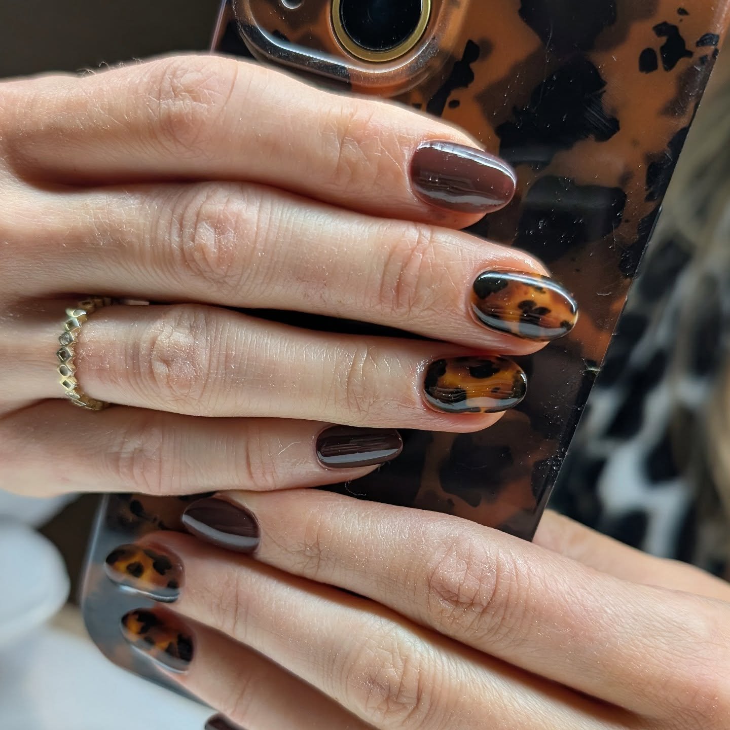 Deep Brown Nails with Amber-Brown Details