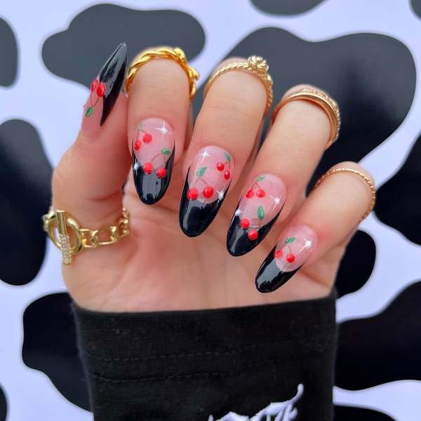 Cherry Accent Almond Nails with Dark French Tips