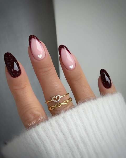 Black Cherry and Sheer Pink Almond Nails