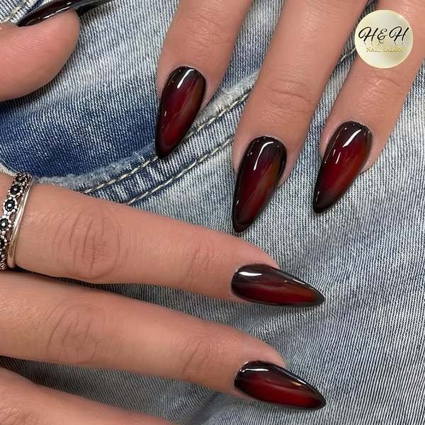 Long Glossy Black Cherry Stiletto Nails
