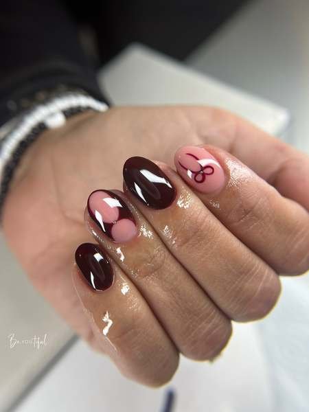 Black Cherry Almond Nails with Pink Accents