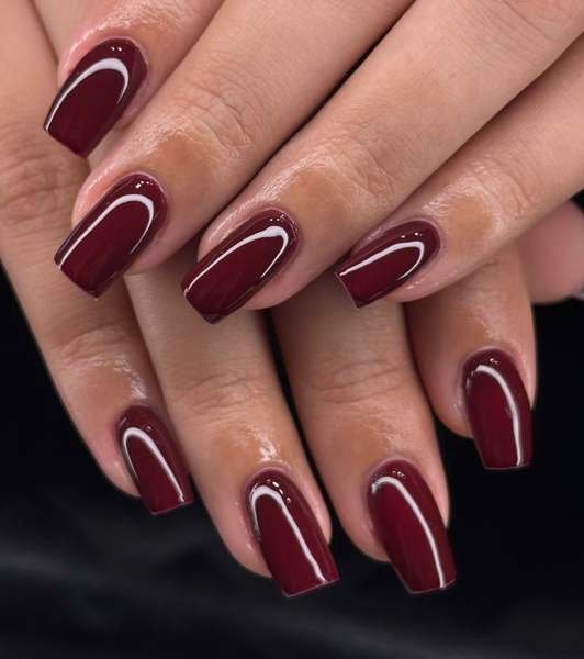 Black Cherry Nails with White Curved Accents