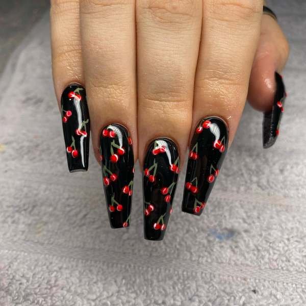 Black Cherry Coffin Nails with Tiny Red and Green Details