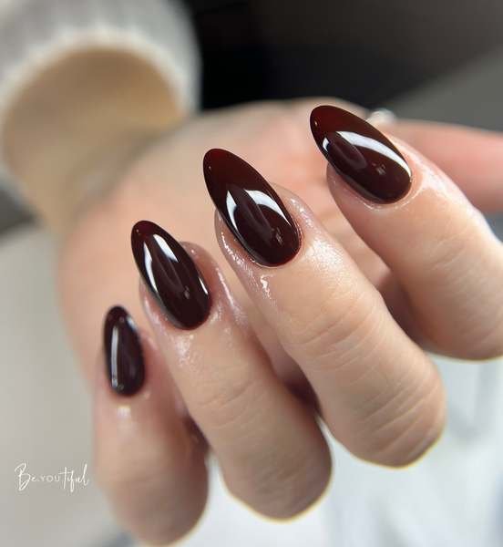 Glossy Black Cherry Short Oval Nails