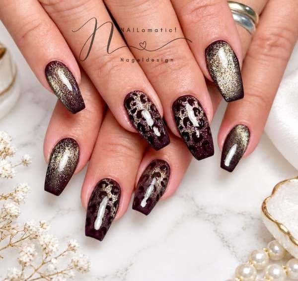 Black Cherry and Gold Textured Nail Art