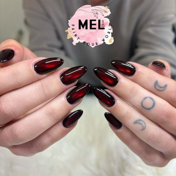 Long Glossy Black Cherry Almond Nails