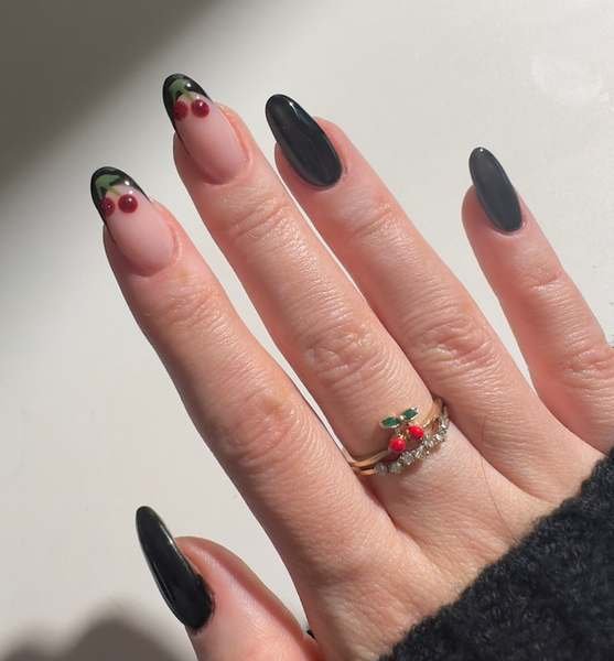 Black Cherry and Matte Black Almond Nails with Cherry Accents