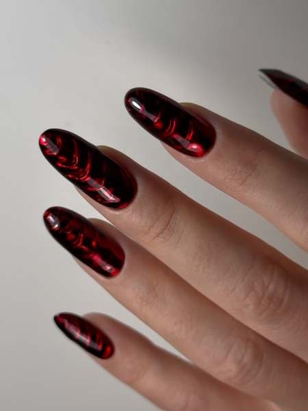Black Cherry Nails with Red Swirl Detailing