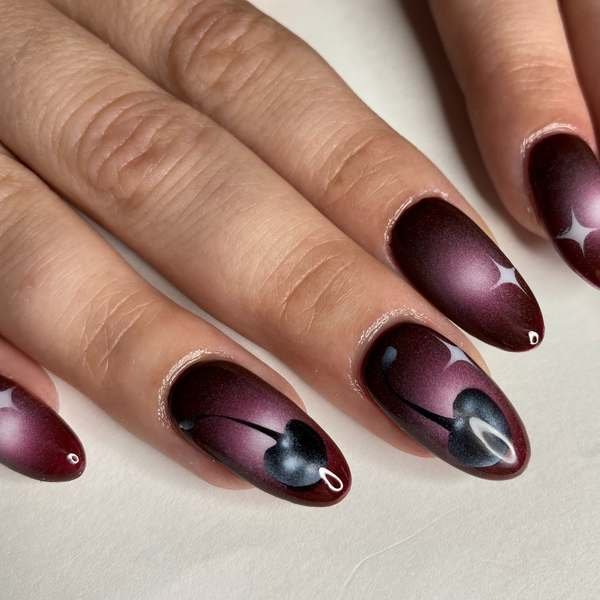 Black Cherry Nails with Black Heart Accents