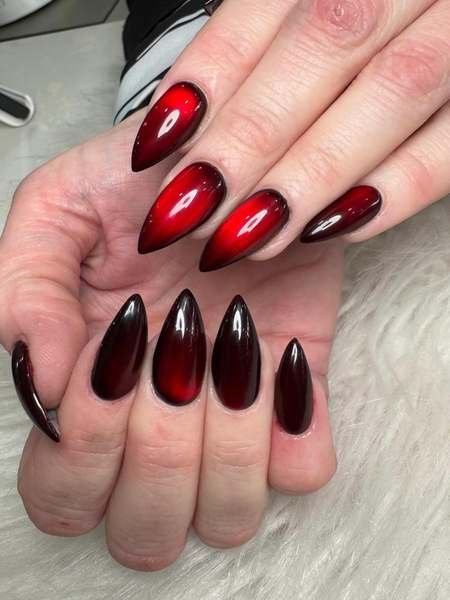 Glossy Red-to-Black Cherry Almond Nails
