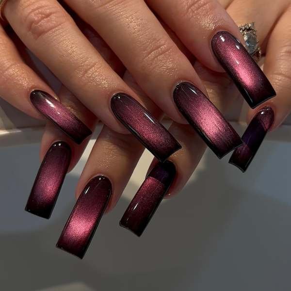 Metallic Black Cherry Long Square Nails
