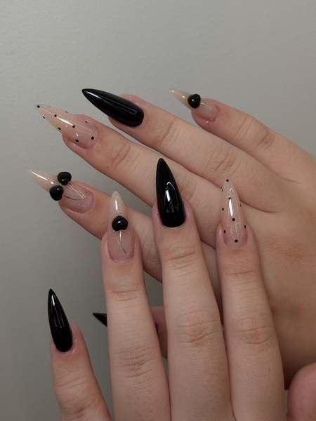 Black, Nude and Cherry Accent Almond Nails