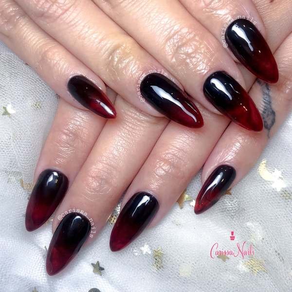 Glossy Black Cherry Almond Nails with Dark Red Tips