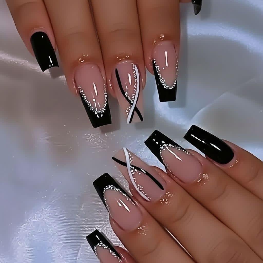 Black French Tip Almond Nails with Silver Accents
