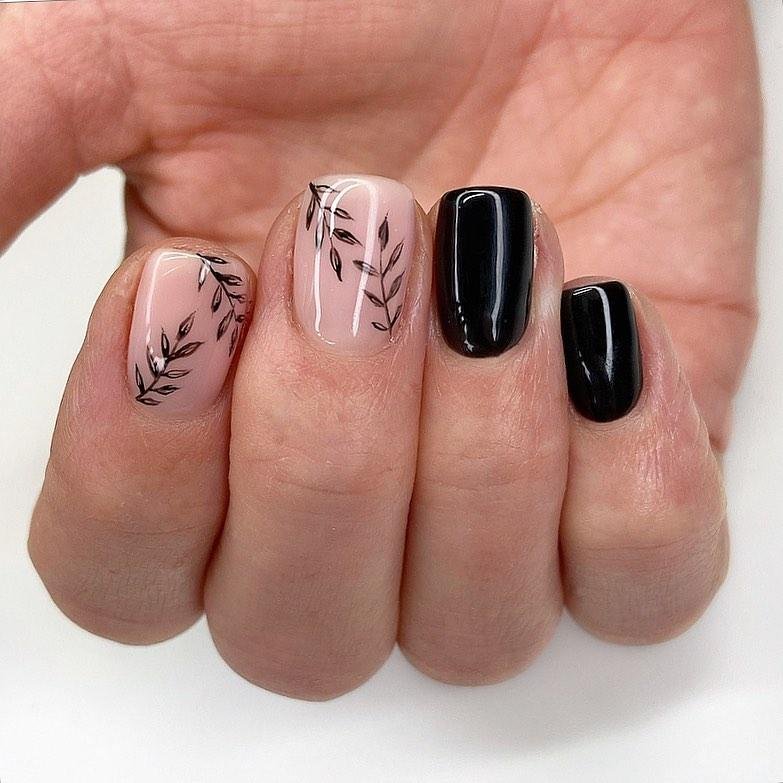 Short Nude Nails with Black Botanical Accents
