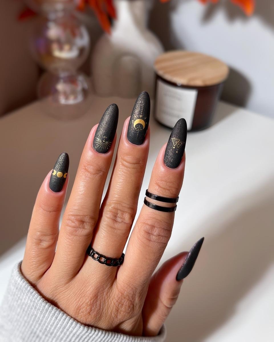 Pointed Black Nails with Metallic Accent Lines