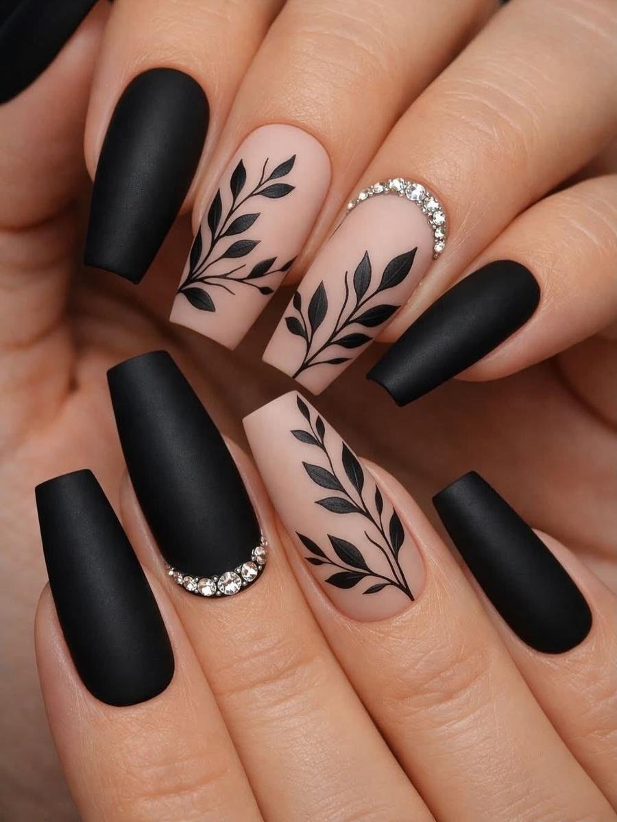 Matte Black Nails with Nude Botanical Panels