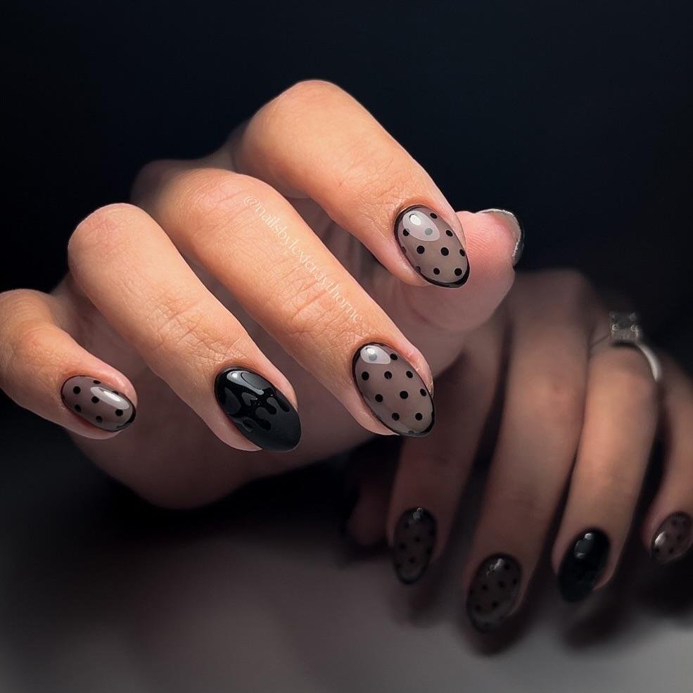 Taupe and Black Nails with Dot Details