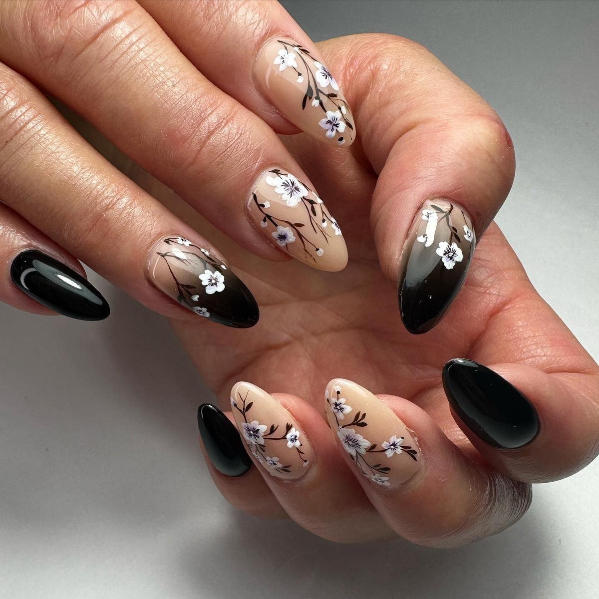 Nude Nails with Black Floral Tips and Accents
