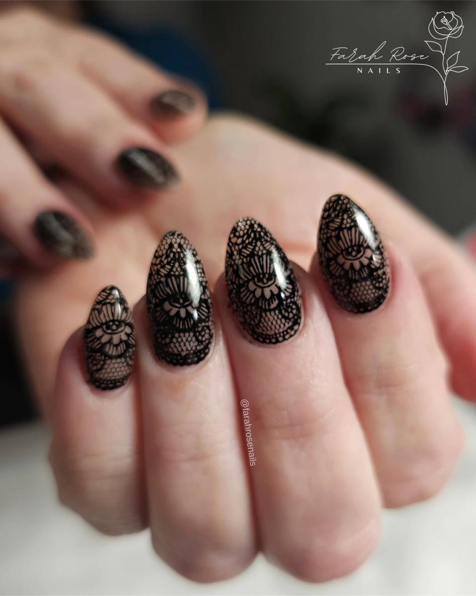 Textured Black Glitter Almond Nails
