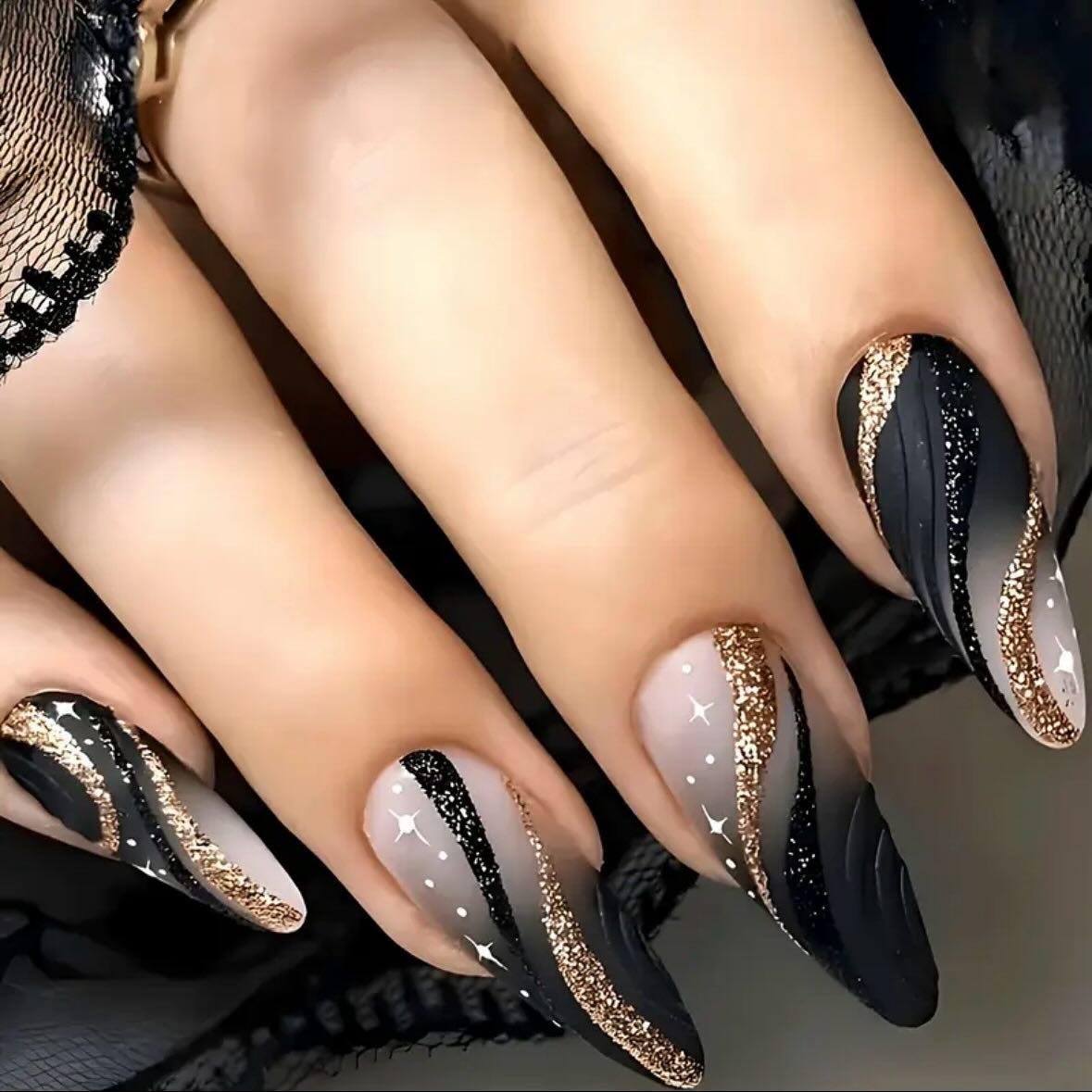 Black Nails with Silver Glitter Sweeping Details