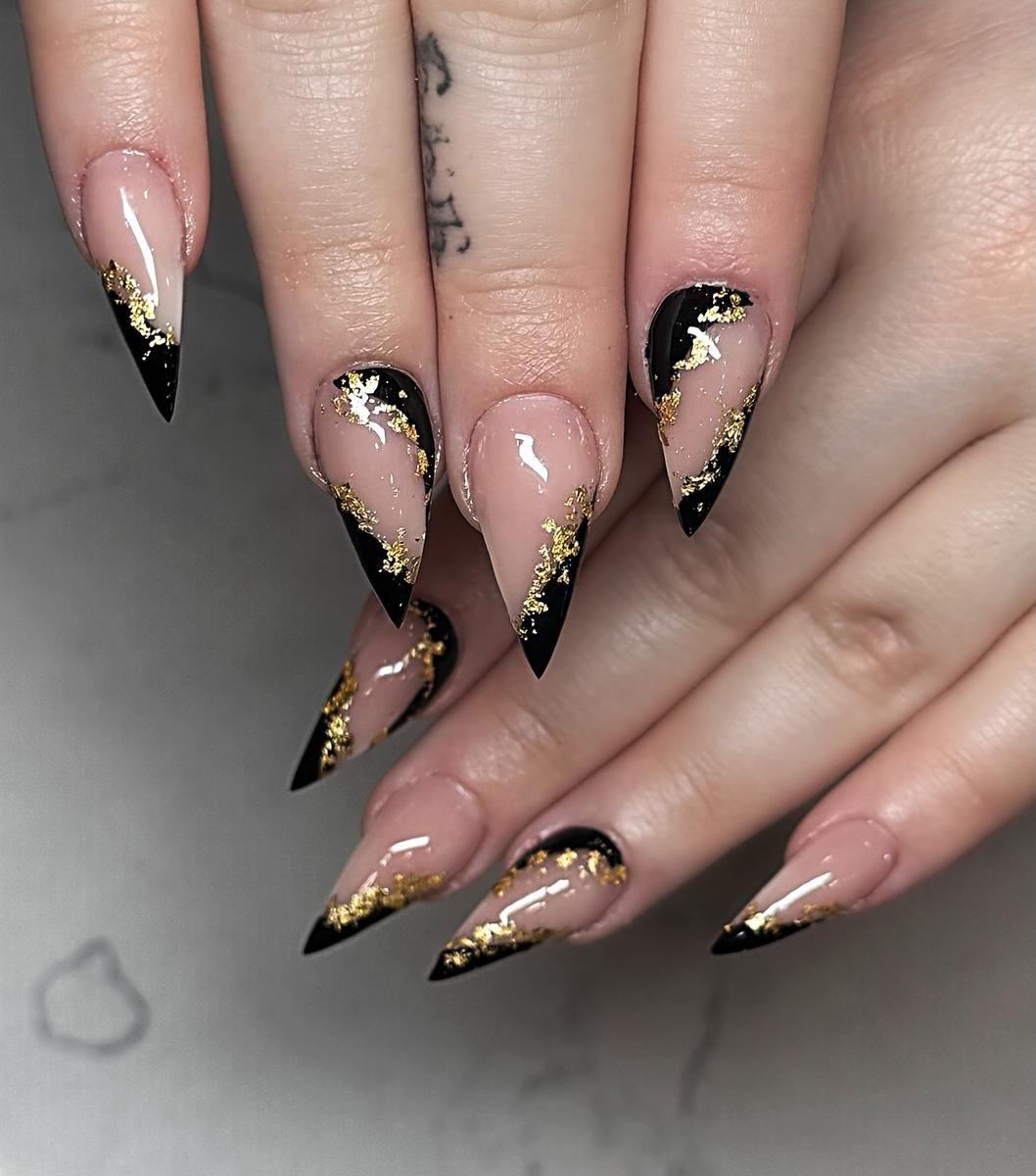 Blush Almond Nails with Black and Gold Accents