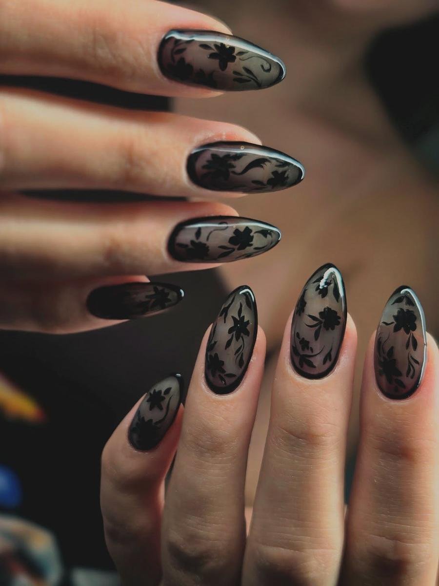 Black and Silver Oval Nails
