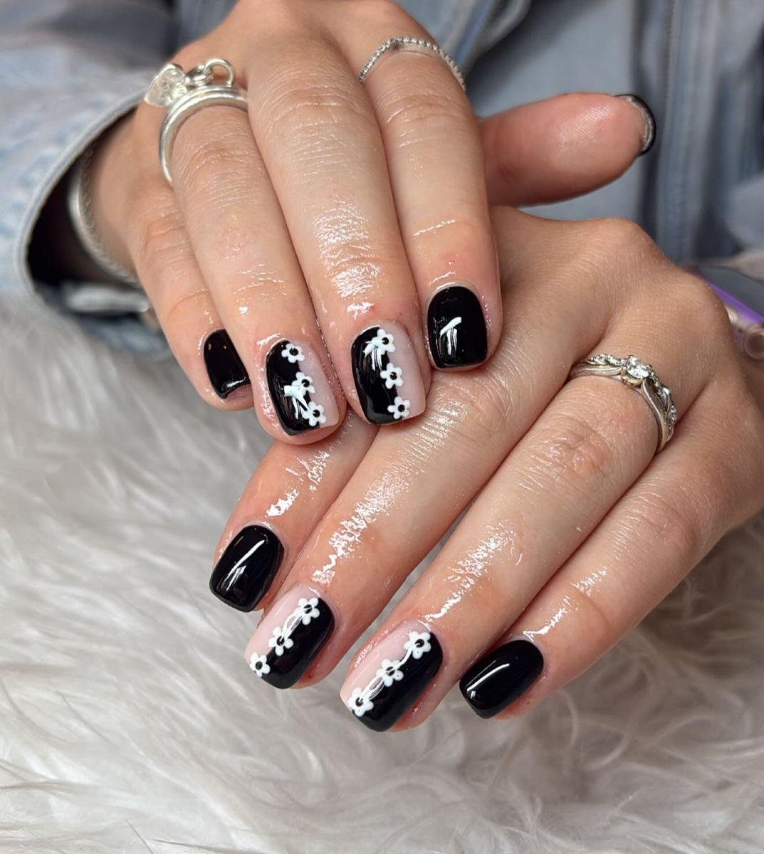 Black Nails with White Floral Details