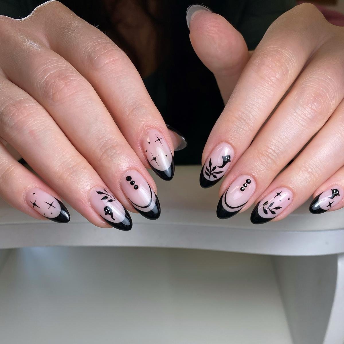 Soft Pink Nails with Black Botanical Art