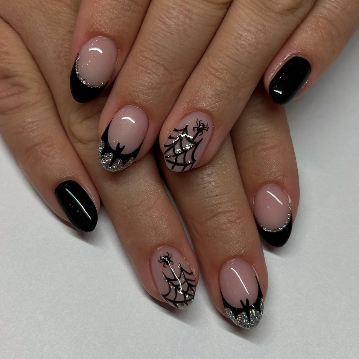 Nude Nails with Black Floral Line Art