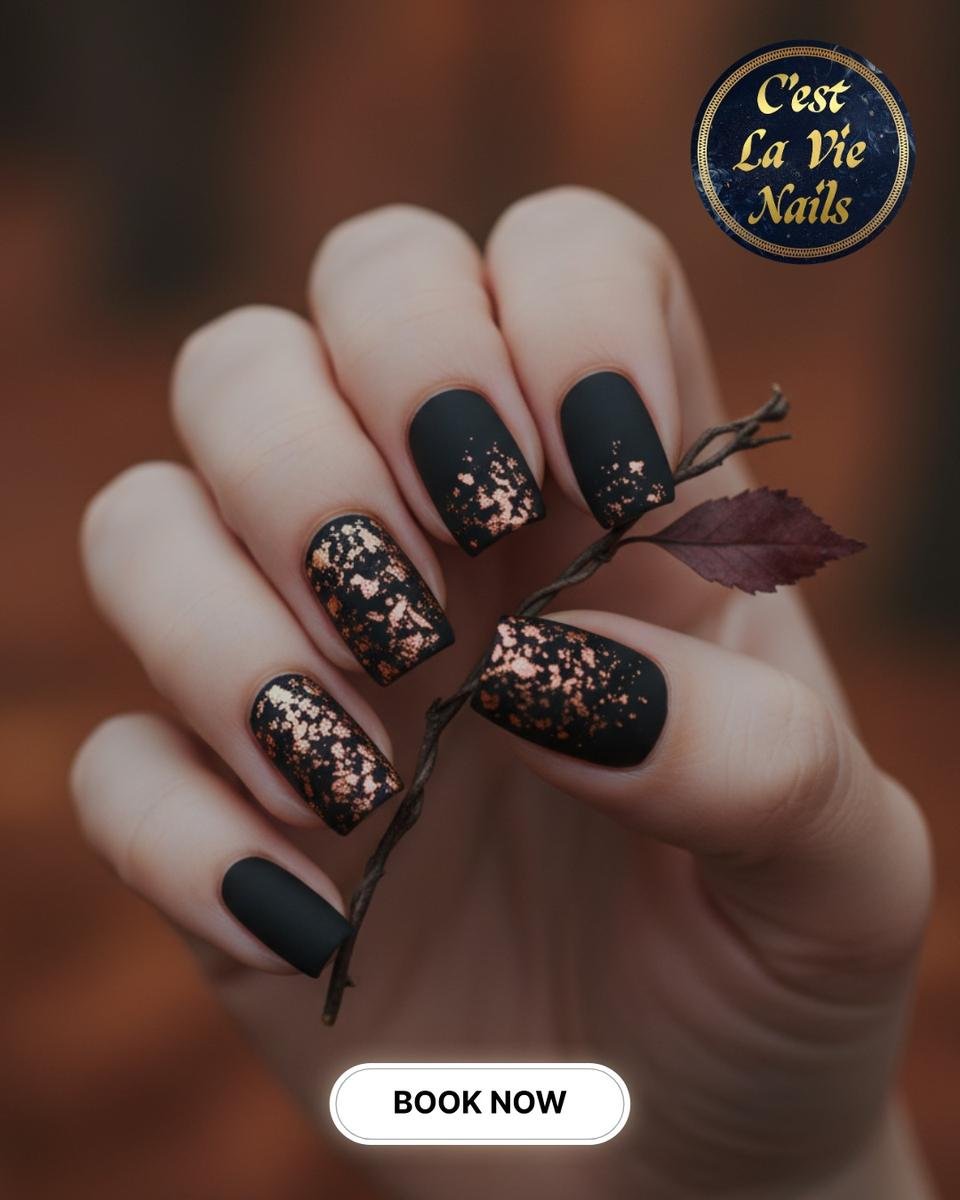 Dark Glitter Nails with Botanical and Rhinestone Details