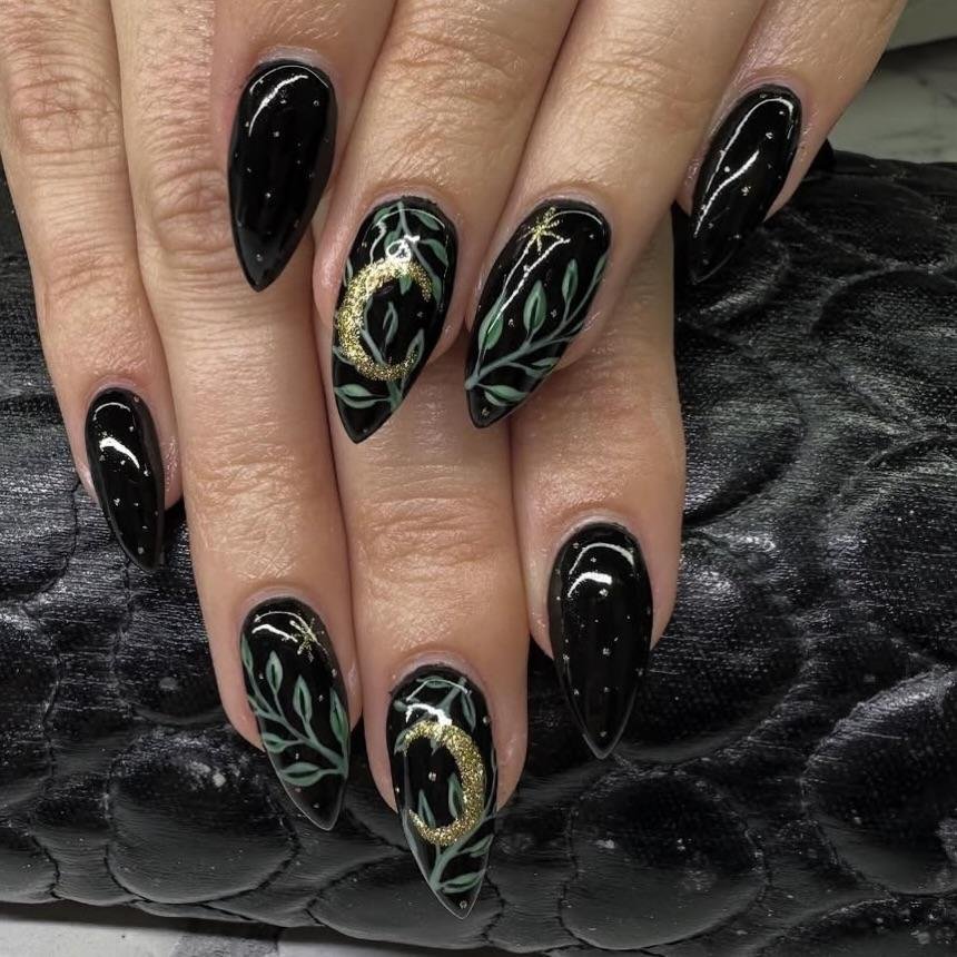 Black Nails with Green and Gold Botanical Accents