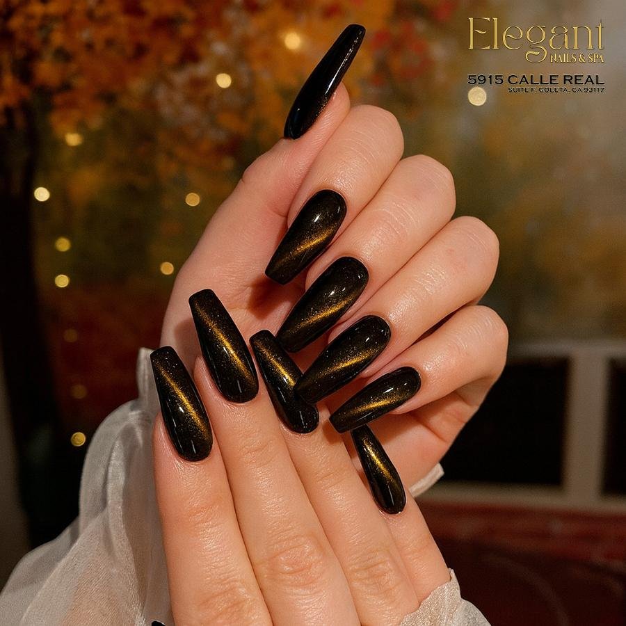 Glossy Black Nails with Metallic Red and Silver Accents