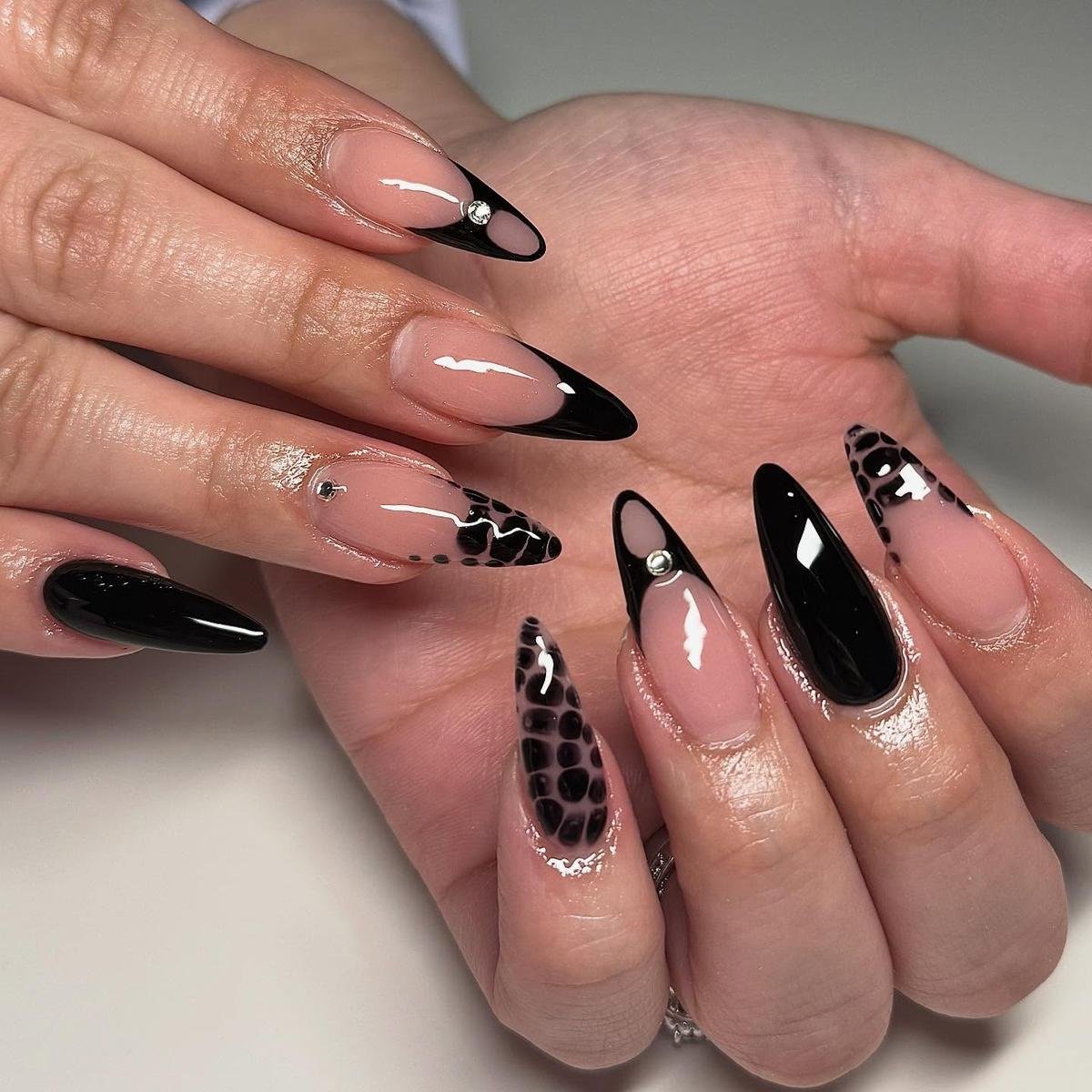 Black Almond Nails with Leopard-Print Tips