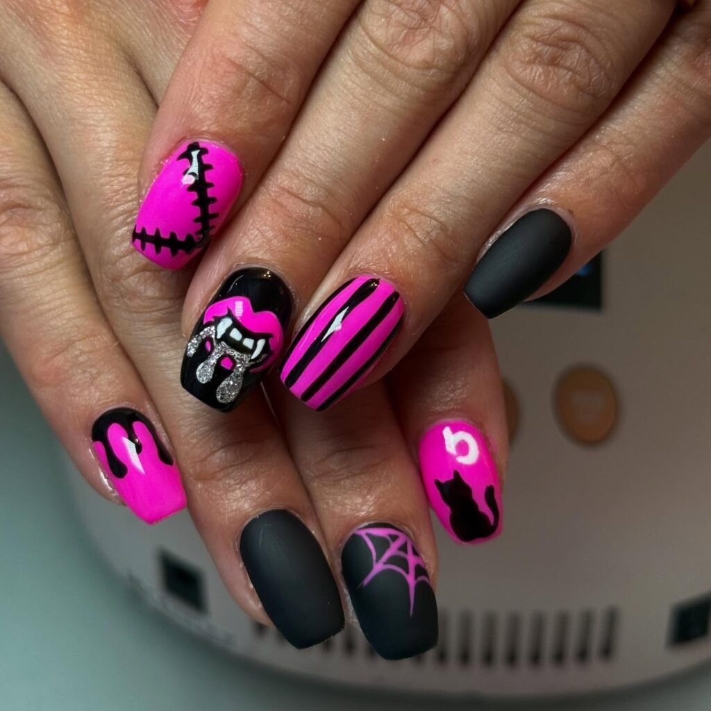 Pink-and-Black Mixed Halloween Nail Art