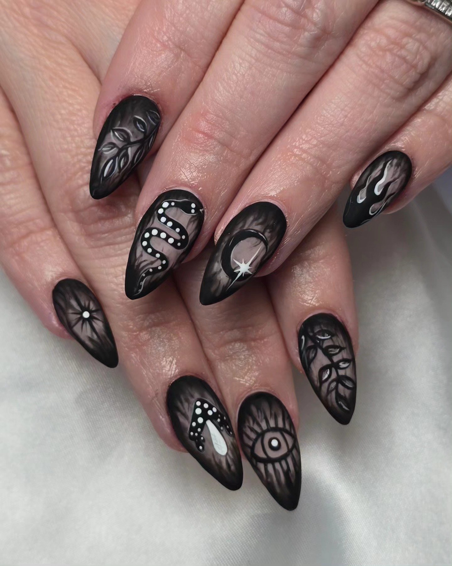 Black Almond Nails with Fine White Details