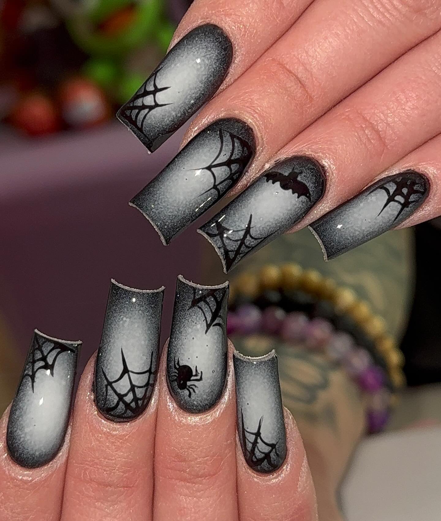Matte Black Nails with White Spiderwebs